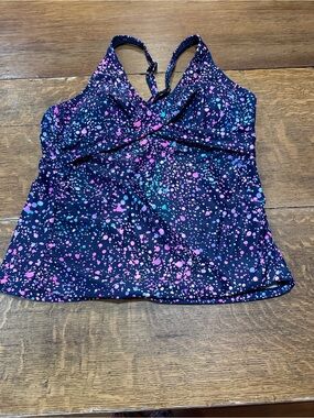 Talisea Women’s Black Tankini Swim Top with Pink & Blue Speckle Print sz large